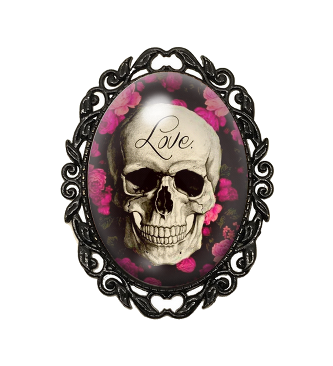 Broche Noire avec Cabochon en Verre Crâne Gothique
