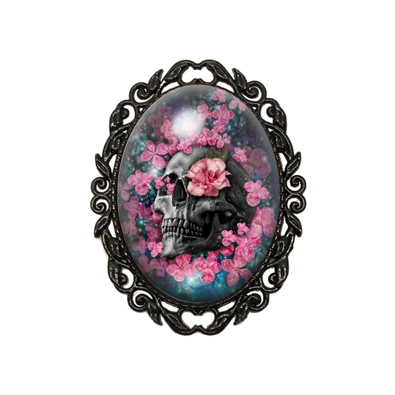 Broche Noire avec Cabochon en Verre Crâne Gothique