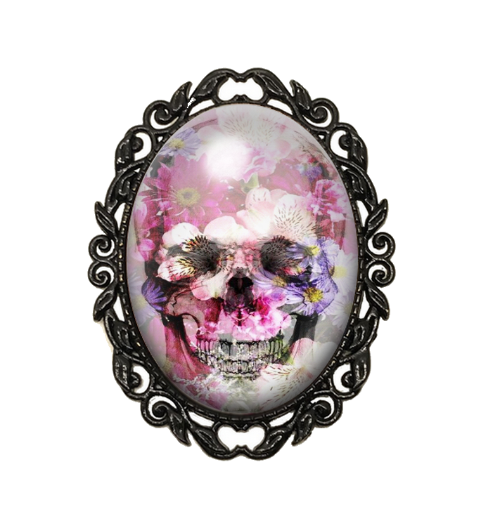 Broche Noire avec Cabochon en Verre Crâne Gothique