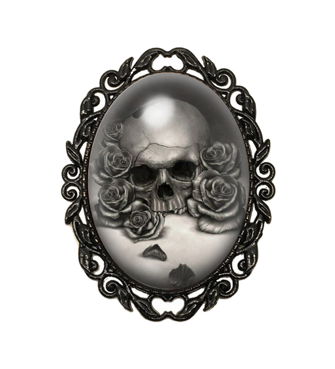 Broche Noire avec Cabochon en Verre Crâne Gothique