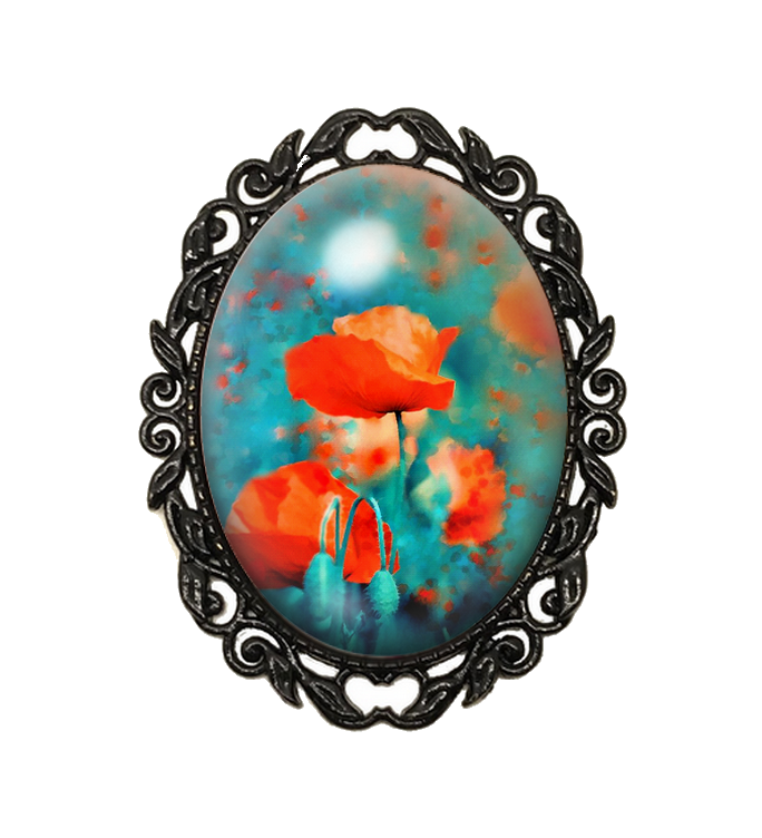 Broche Noire avec Cabochon en Verre Fleurs Coquelicots