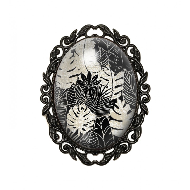 Broche Noire avec Cabochon en Verre Feuillage