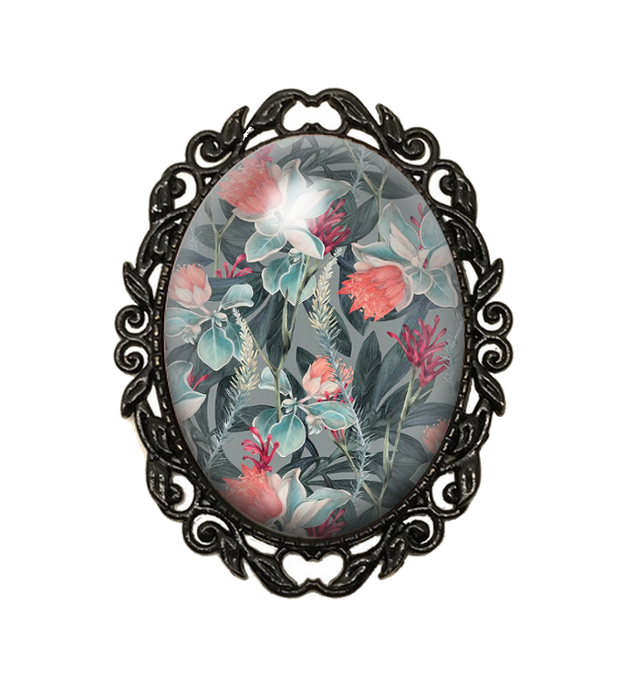 Broche Noire avec Cabochon en Verre Fleurs