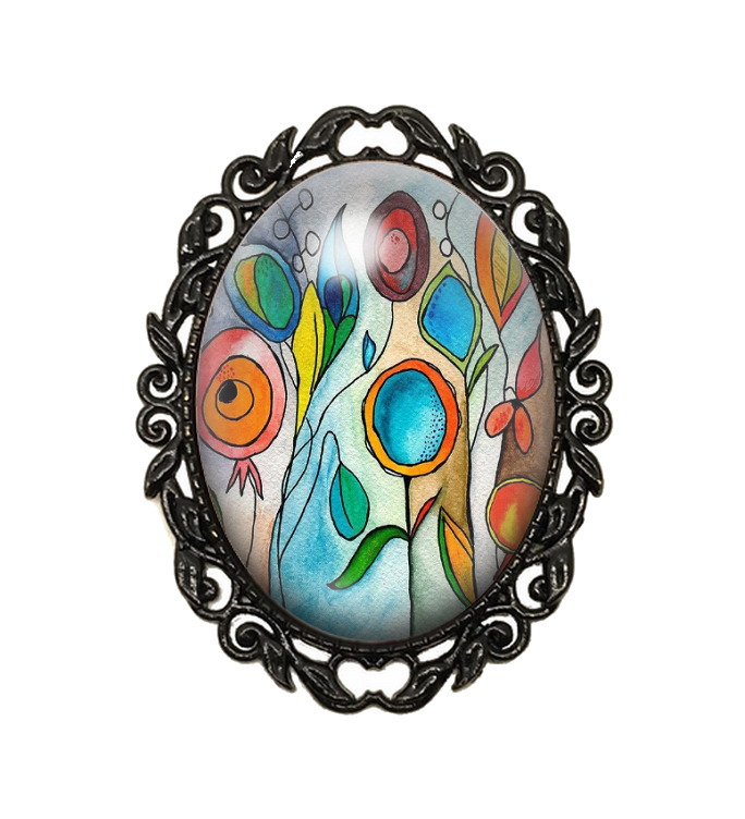 Broche Noire avec Cabochon en Verre Fleurs