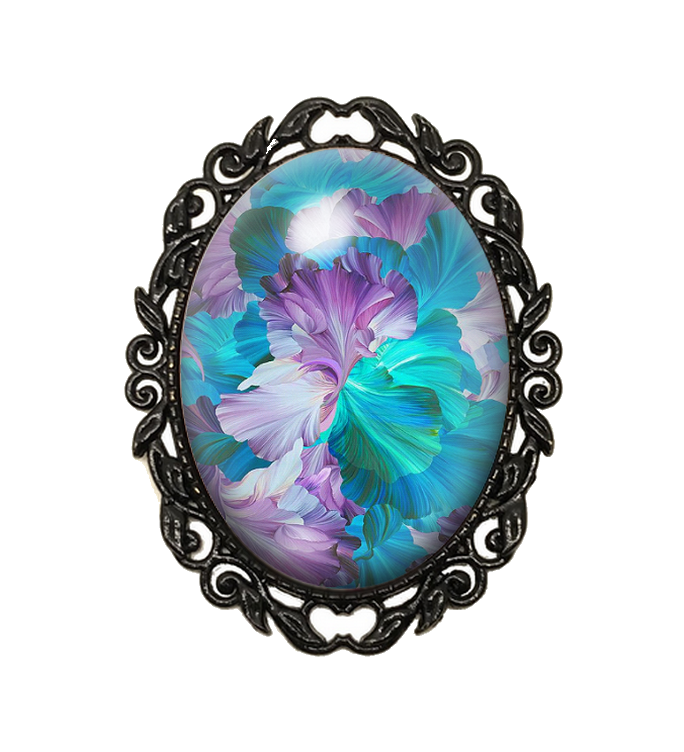 Broche Noire avec Cabochon en Verre Fleurs