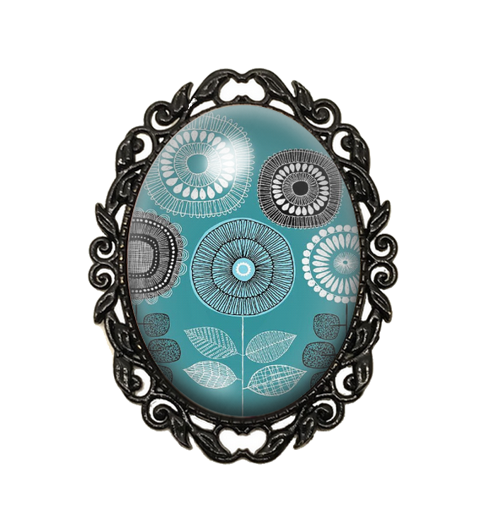 Broche Noire avec Cabochon en Verre Fleurs