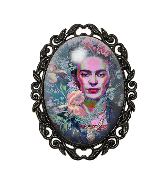 Broche Noire avec Cabochon en Verre Frida Kahlo