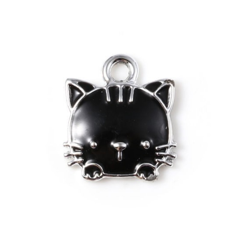 2 Breloques Chat en Émail Noir Métal Argenté 15x13mm