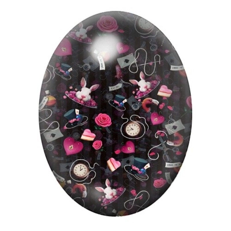 Cabochon en Verre Illustré Objets du Pays des Merveilles sur Fond Noir 13x18, 18x25 ou 30x40mm