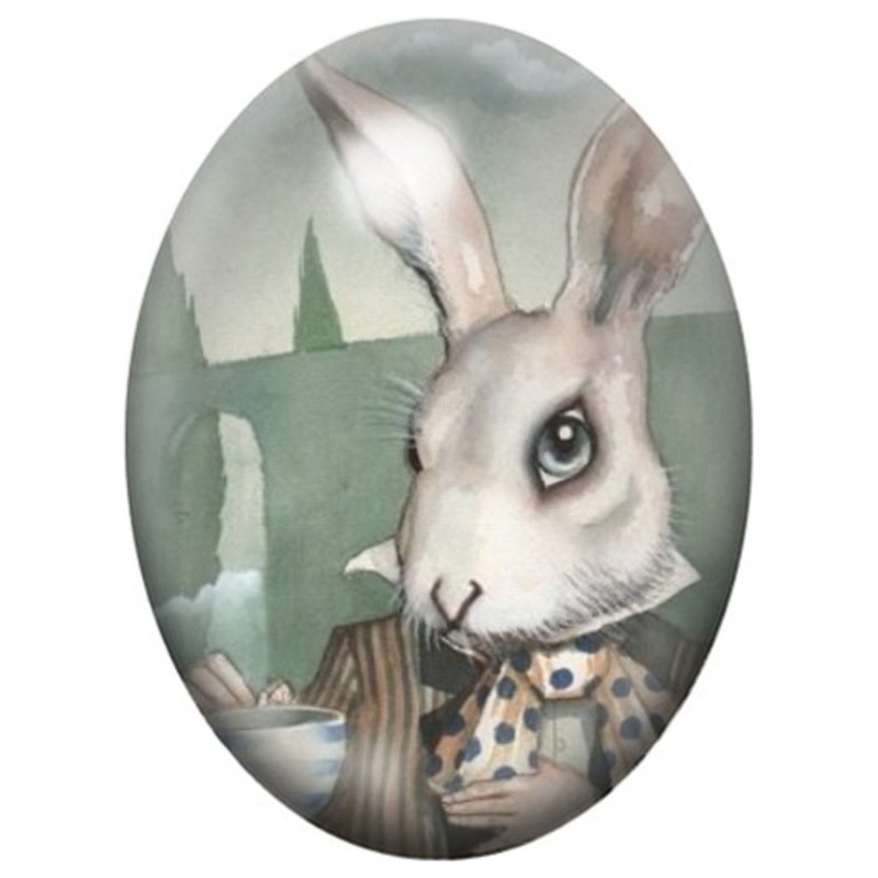 Cabochon en Verre Illustré Lapin Blanc Réaliste à la Tasse de Thé 13x18, 18x25 ou 30x40mm