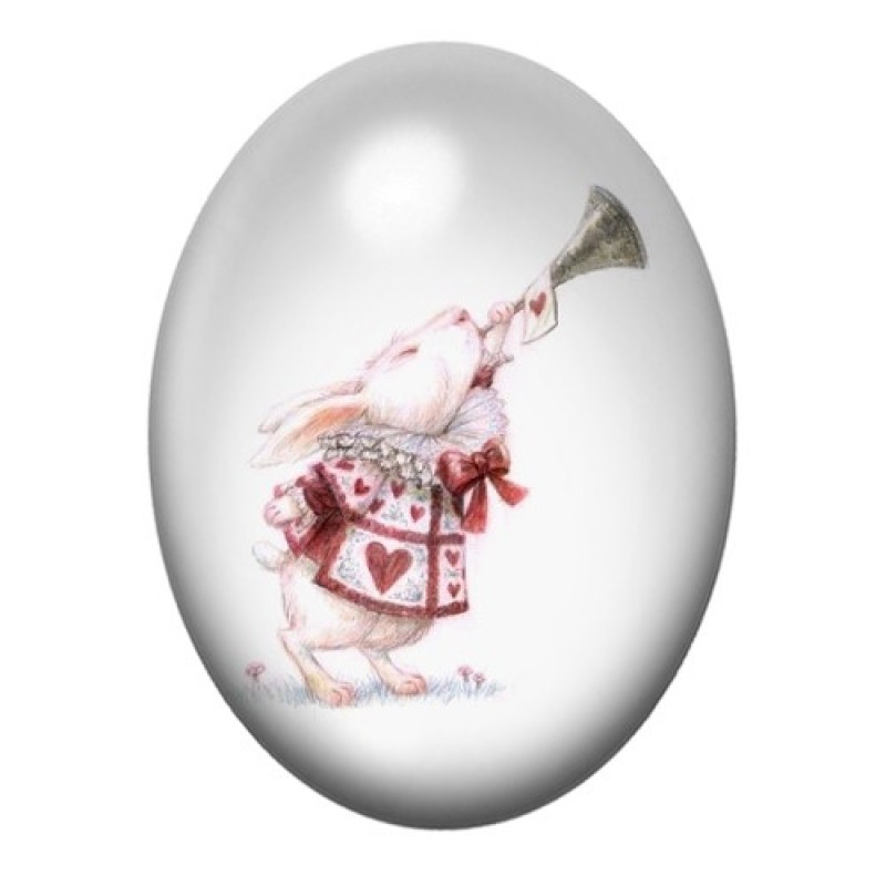 Cabochon en Verre Illustré Lapin Blanc Héraut à la Trompette 13x18, 18x25 ou 30x40mm