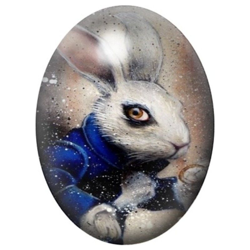 Cabochon en Verre Illustré Lapin Blanc Réaliste en Habit Bleu 13x18, 18x25 ou 30x40mm