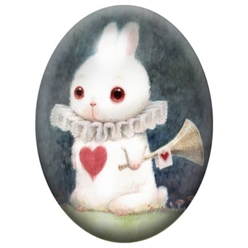Cabochon en Verre Illustré Lapin Blanc Héraut au Cœur Rouge 13x18, 18x25 ou 30x40mm