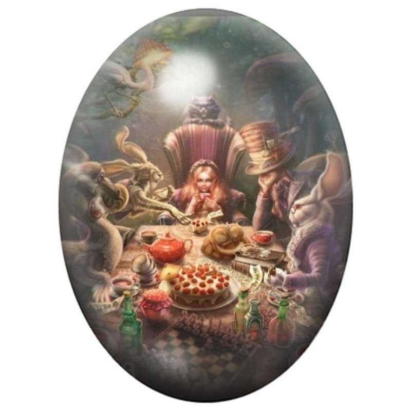 Cabochon en Verre Illustré Goûter Fantastique du Chapelier Fou 13x18, 18x25 ou 30x40mm