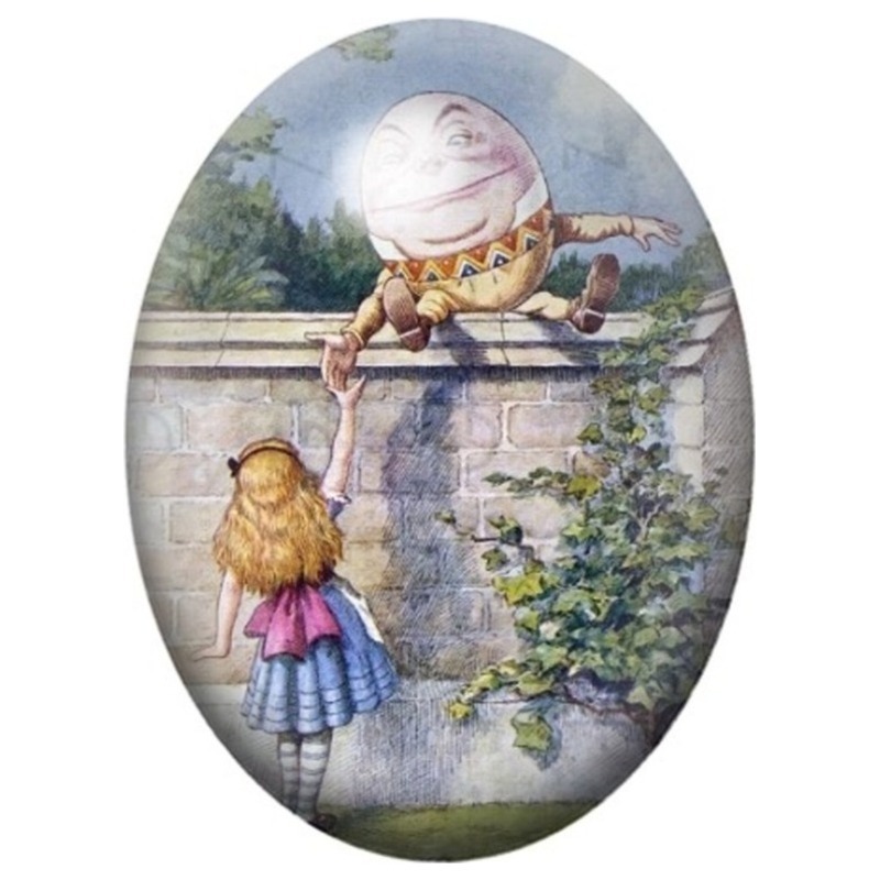 Cabochon en Verre Illustré Alice devant Humpty Dumpty sur son Mur 13x18, 18x25 ou 30x40mm