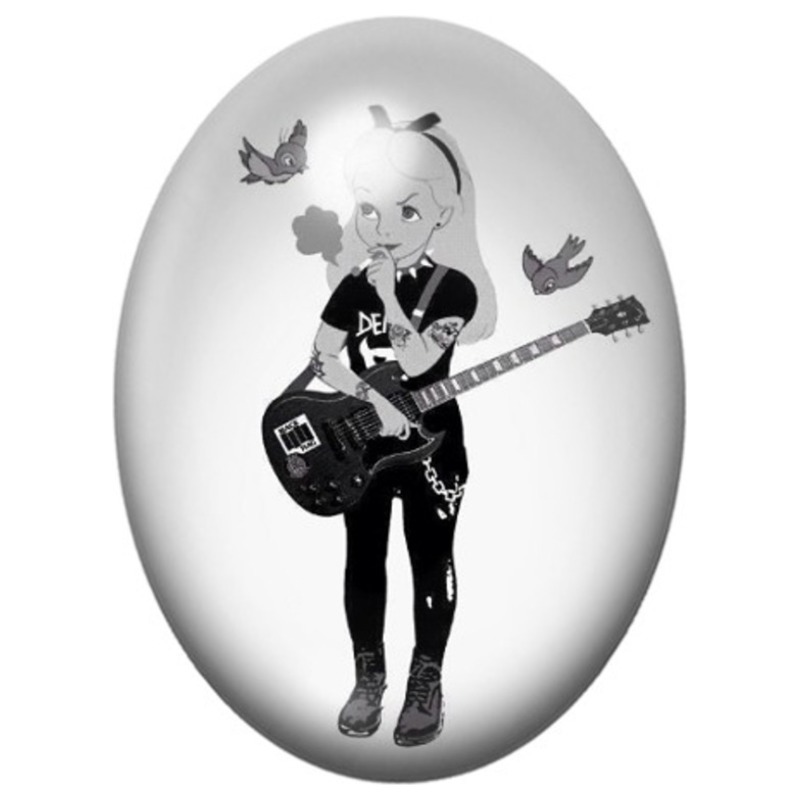 Cabochon en Verre Illustré Alice Punk à la Guitare 13x18, 18x25 ou 30x40mm
