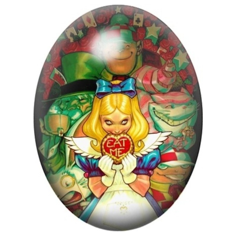 Cabochon en Verre Illustré Alice Gothique au Gâteau Eat Me 13x18, 18x25 ou 30x40mm