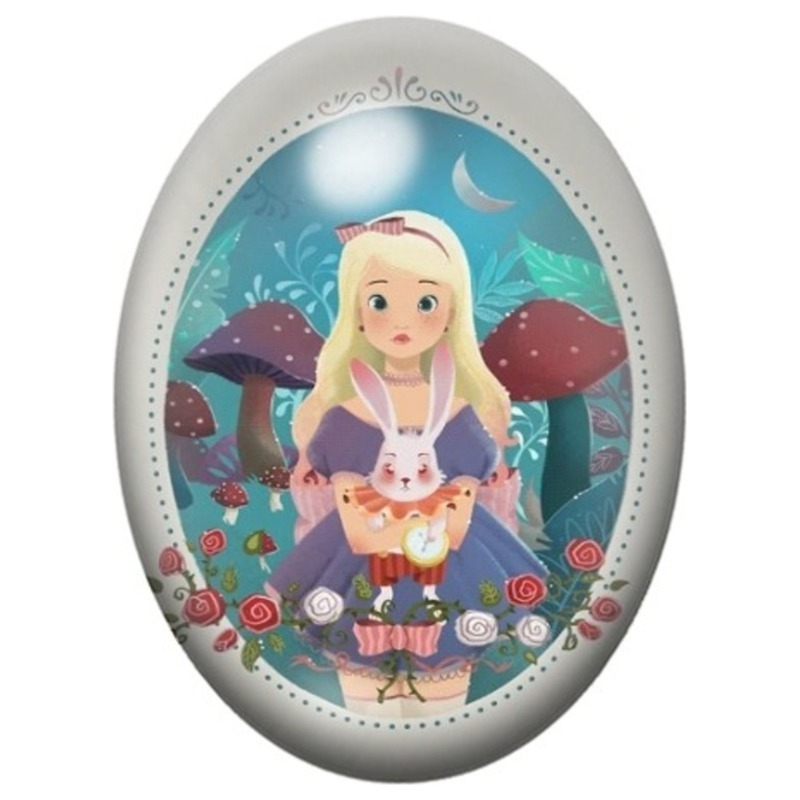 Cabochon en Verre Illustré Petite Alice avec le Lapin Blanc 13x18, 18x25 ou 30x40mm