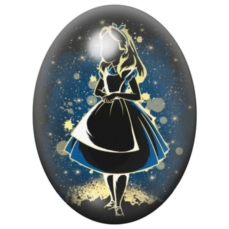 Cabochon en Verre Illustré Silhouette Noire et Or d’Alice 13x18, 18x25 ou 30x40mm