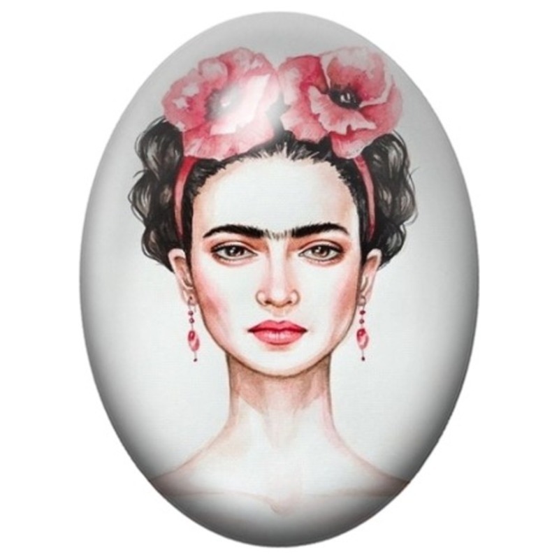Cabochon en Verre Illustré Portrait Épuré de Frida Kahlo aux Fleurs Roses 13x18, 18x25 ou 30x40mm