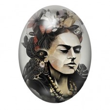 Cabochon en Verre Illustré Frida Kahlo au Corbeau et aux Fleurs Blanches 13x18, 18x25 ou 30x40mm pour la création de bijoux fant