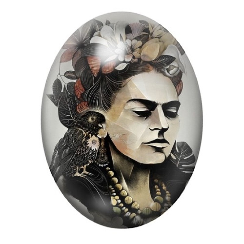 Cabochon en Verre Illustré Frida Kahlo au Corbeau et aux Fleurs Blanches 13x18, 18x25 ou 30x40mm