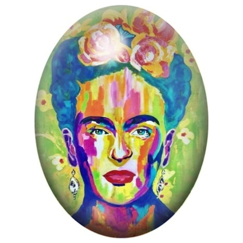 Cabochon en Verre Illustré Frida Kahlo en Couleurs Néon 13x18, 18x25 ou 30x40mm