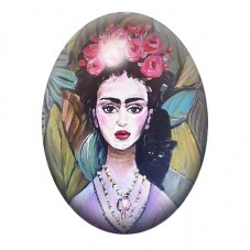 Cabochon en Verre Illustré Frida Kahlo en Robe Lavande aux Roses 13x18, 18x25 ou 30x40mm pour la création de bijoux fantaisie - 