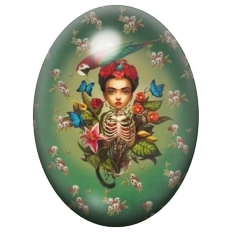 Cabochon en Verre Illustré Frida Kahlo Squelette parmi les Fleurs 13x18, 18x25 ou 30x40mm