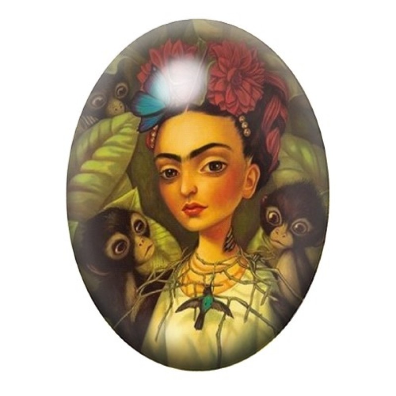 Cabochon en Verre Illustré Frida Kahlo dans la Jungle aux Papillons 13x18, 18x25 ou 30x40mm