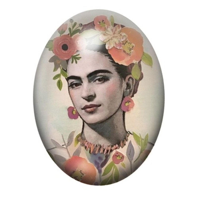 Cabochon en Verre Illustré Frida Kahlo Rétro aux Fleurs Pastel 13x18, 18x25 ou 30x40mm