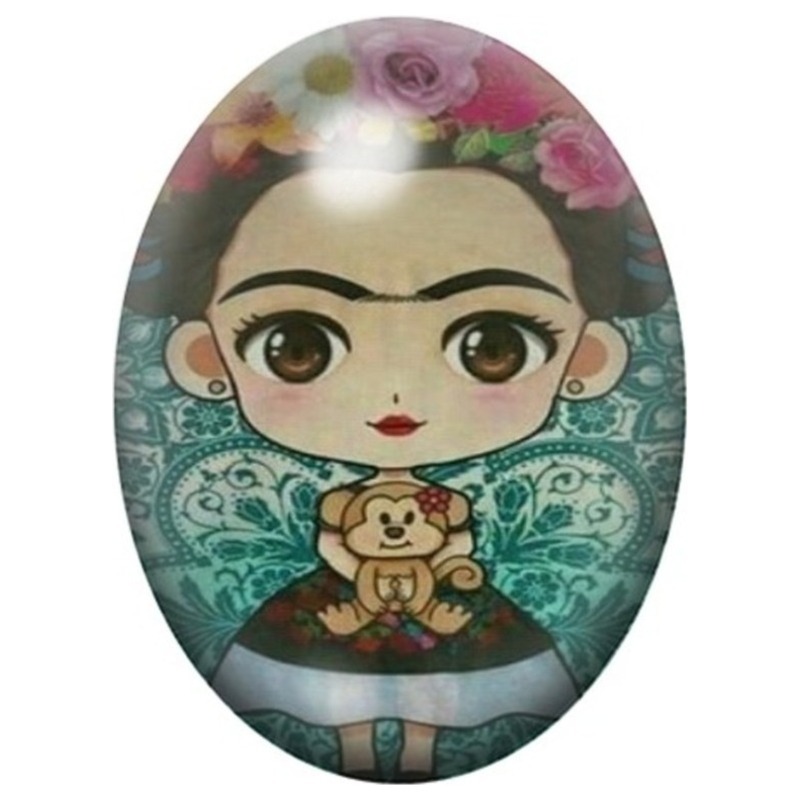 Cabochon en Verre Illustré Petite Frida Kahlo à l’Ourson 13x18, 18x25 ou 30x40mm