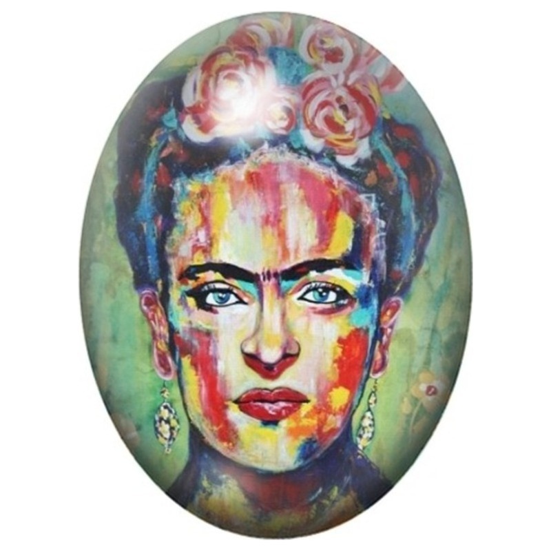 Cabochon en Verre Illustré Frida Kahlo aux Roses en Peinture Vive 13x18, 18x25 ou 30x40mm
