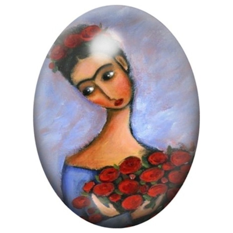 Cabochon en Verre Illustré Frida Kahlo au Bouquet de Roses Rouges 13x18, 18x25 ou 30x40mm