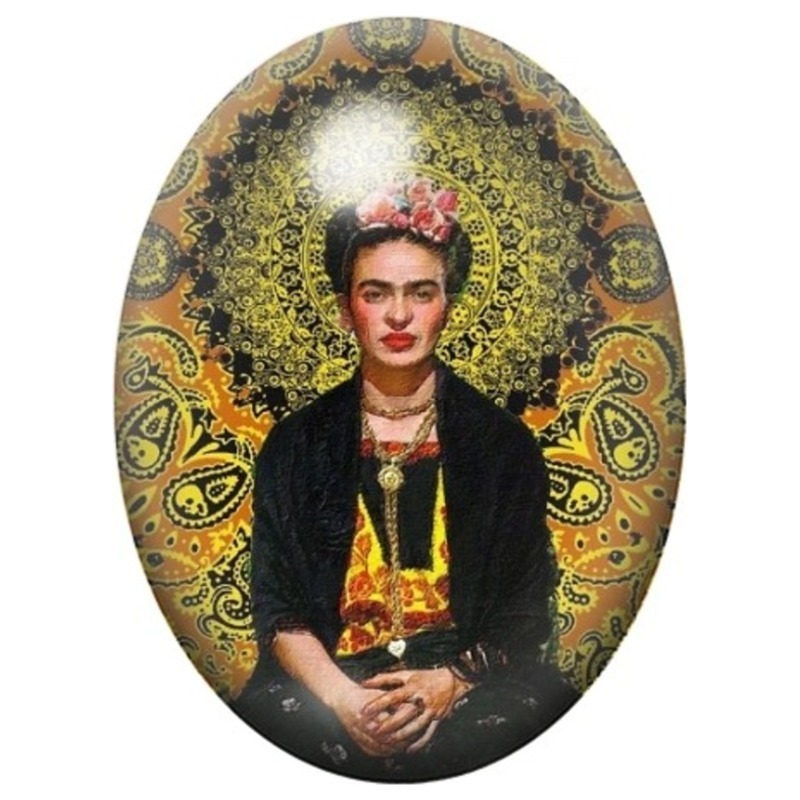 Cabochon en Verre Illustré Frida Kahlo au Mandala Doré 13x18, 18x25 ou 30x40mm
