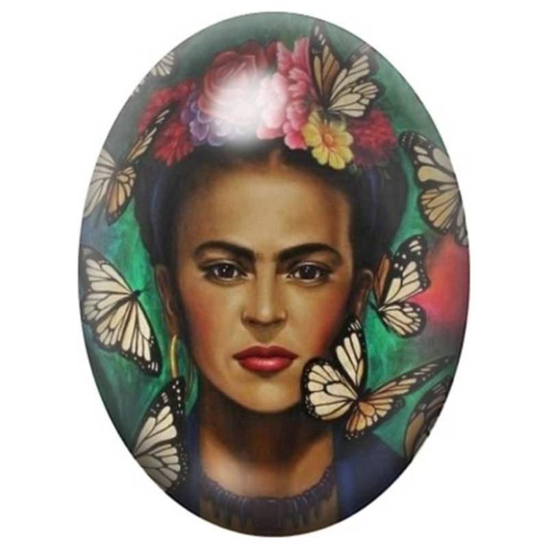 Cabochon en Verre Illustré Frida Kahlo entourée de Papillons 13x18, 18x25 ou 30x40mm