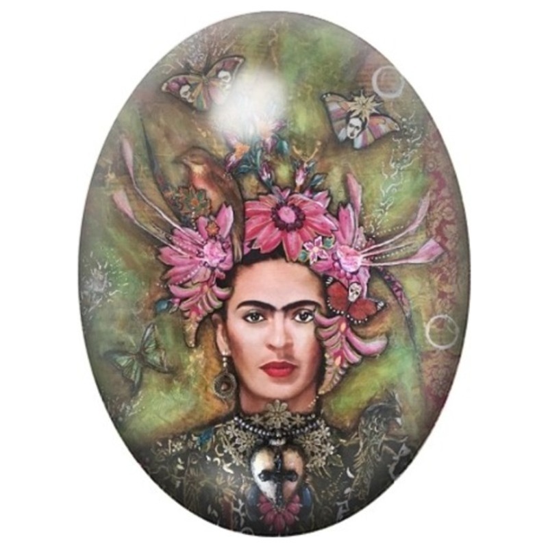 Cabochon en Verre Illustré Frida Kahlo au Halo Fleuri 13x18, 18x25 ou 30x40mm