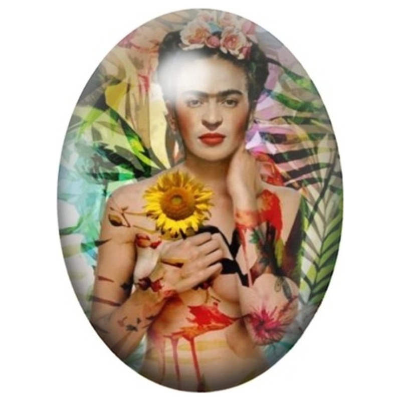 Cabochon en Verre Illustré Frida Kahlo au Tournesol 13x18, 18x25 ou 30x40mm