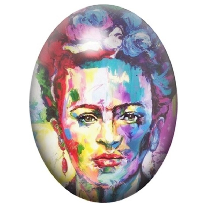 Cabochon en Verre Illustré Portrait Multicolore de Frida Kahlo 13x18, 18x25 ou 30x40mm