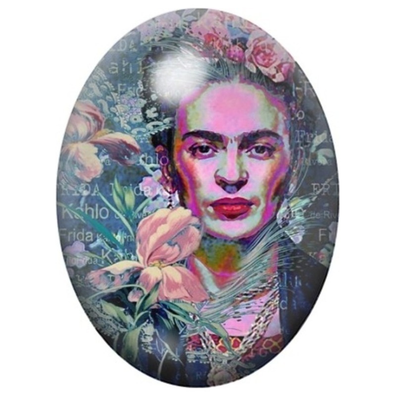 Cabochon en Verre Illustré Frida Kahlo en Violet parmi les Fleurs 13x18, 18x25 ou 30x40mm