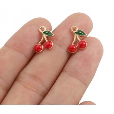 2 Breloques Fruit Cerises Émail Rouge Métal Doré 13x10mm