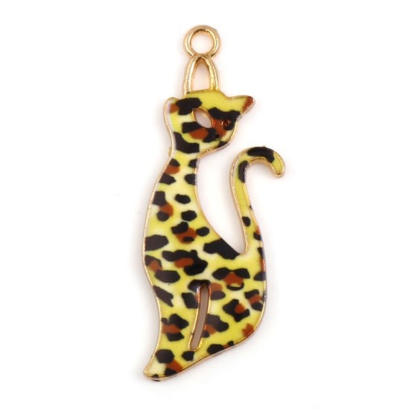 2 Breloques Chat en Émail Léopard Métal Doré 37x13mm