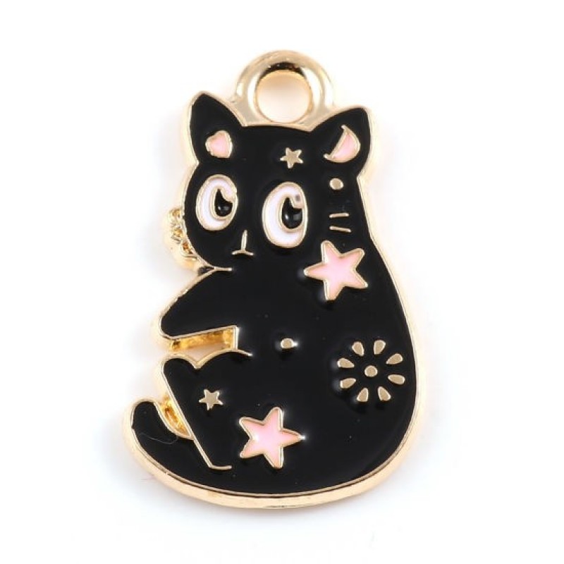 2 Breloques Chat en Émail Noir Métal Doré 20x12mm