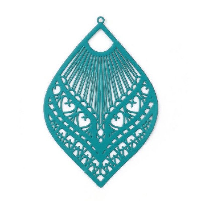 2 Breloques Pendentif Feuille Vert Estampe Filigrane Ajouré 59x39mm