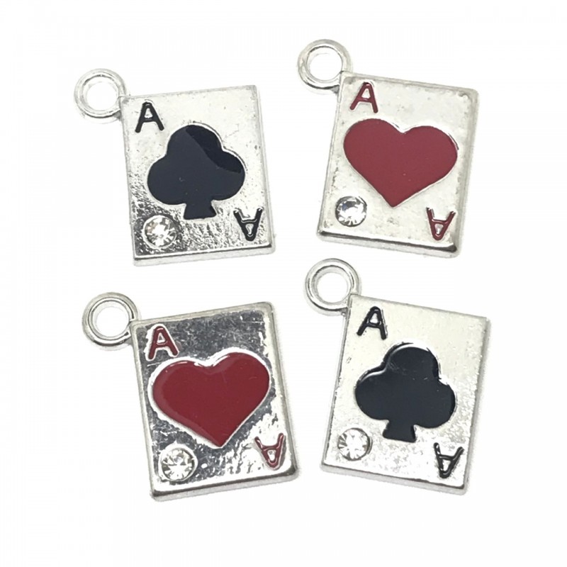 4 Breloques Cartes As de Coeur et de Trèfle en Émail avec Strass 21x19mm