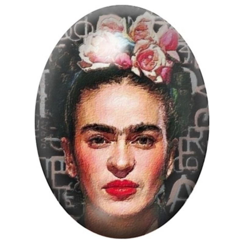 Cabochon en Verre Illustré Portrait Réaliste de Frida Kahlo aux Roses 13x18, 18x25 ou 30x40mm