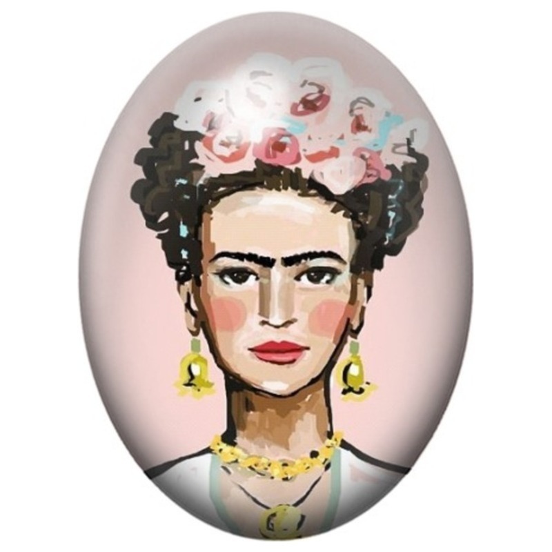 Cabochon en Verre Illustré Frida Kahlo sur Fond Rose Poudré 13x18, 18x25 ou 30x40mm