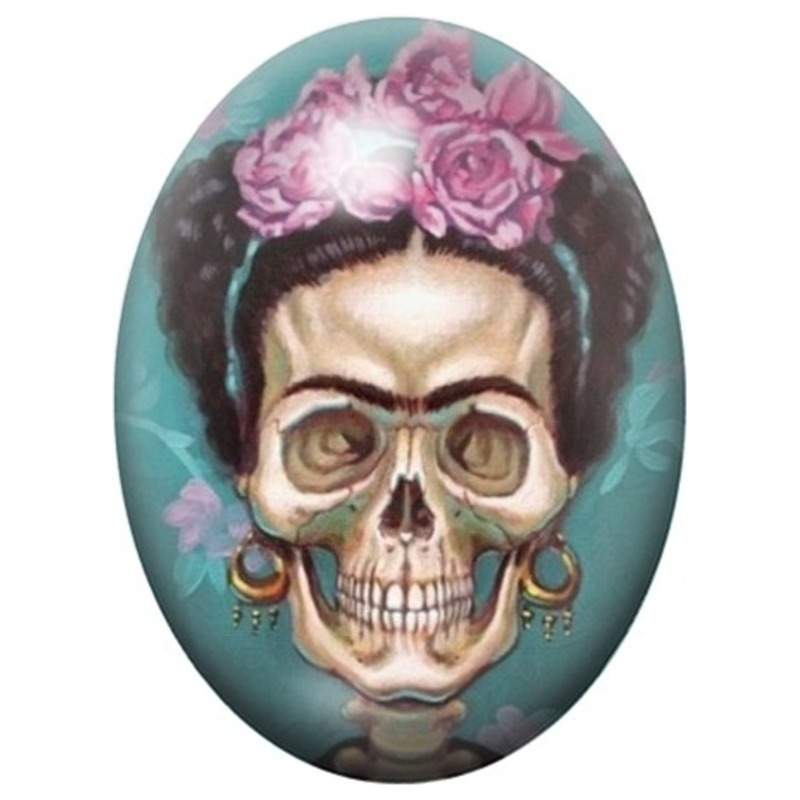 Cabochon en Verre Illustré Crâne de Frida Kahlo aux Roses 13x18, 18x25 ou 30x40mm