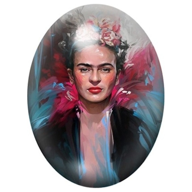 Cabochon en Verre Illustré Frida Kahlo aux Plumes Rouges 13x18, 18x25 ou 30x40mm