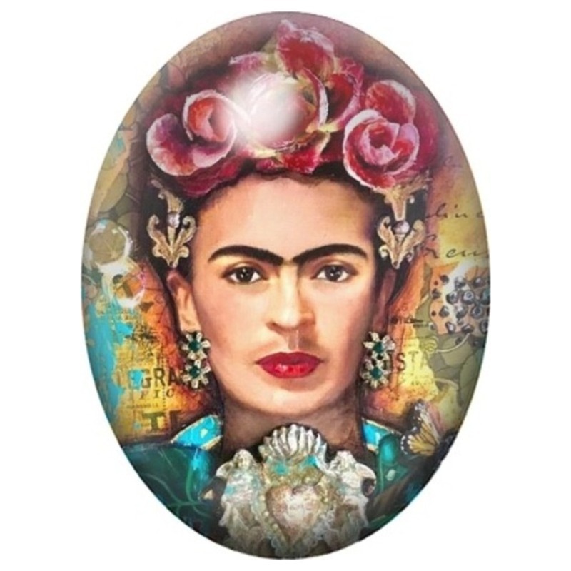 Cabochon en Verre Illustré Frida Kahlo aux Grandes Roses Rouges 13x18, 18x25 ou 30x40mm